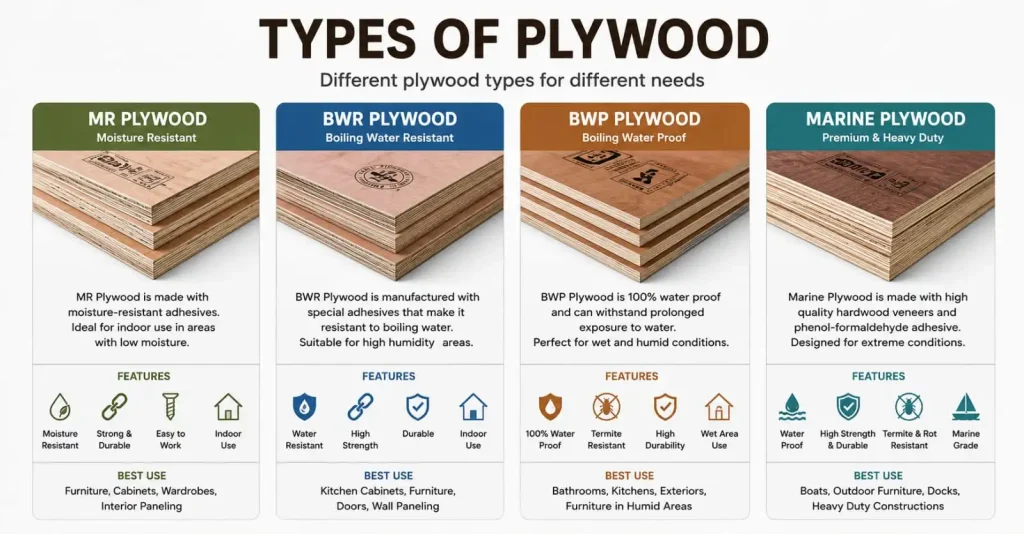 Types of Plywood: MR, BWR, BWP & Marine Plywood Explained