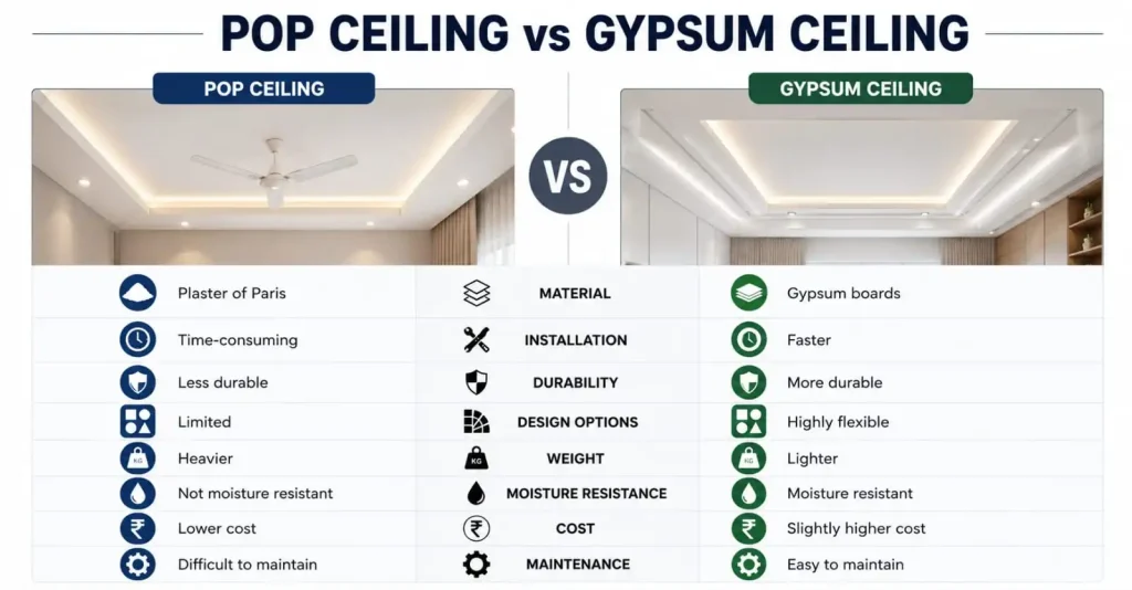POP Ceiling vs Gypsum Ceiling: Difference, Advantages, and Cost Comparison POP VS Gypsum Ceiling