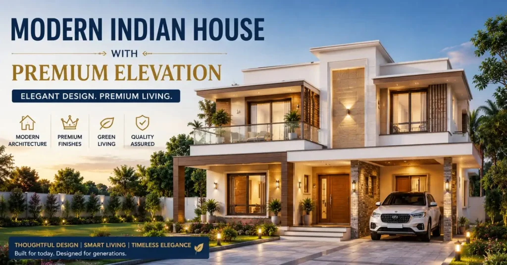 आपके घर के लिए 10 सरल मकान मानचित्र डिज़ाइन — फ्लोर प्लान (Floor Plan), एलिवेशन डिज़ाइन (Elevation Design) और 3D व्यू (3D View) Modern Indian House - Premium Elevation