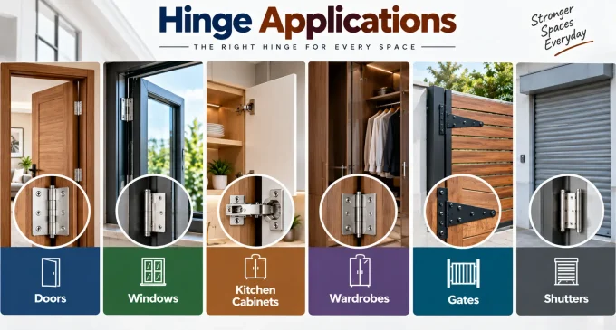 Applications of different hinges for doors windows and cabinets